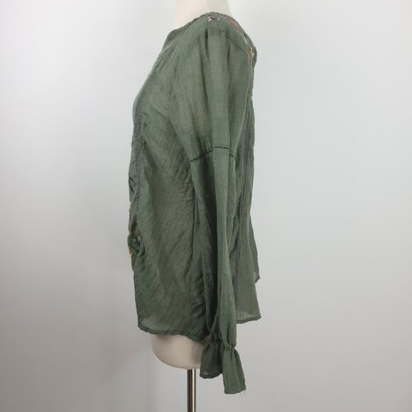 Umgee Green Floral Embroidered Peasant Blouse Long Sleeve Lightweight Small - Picture 6 of 11